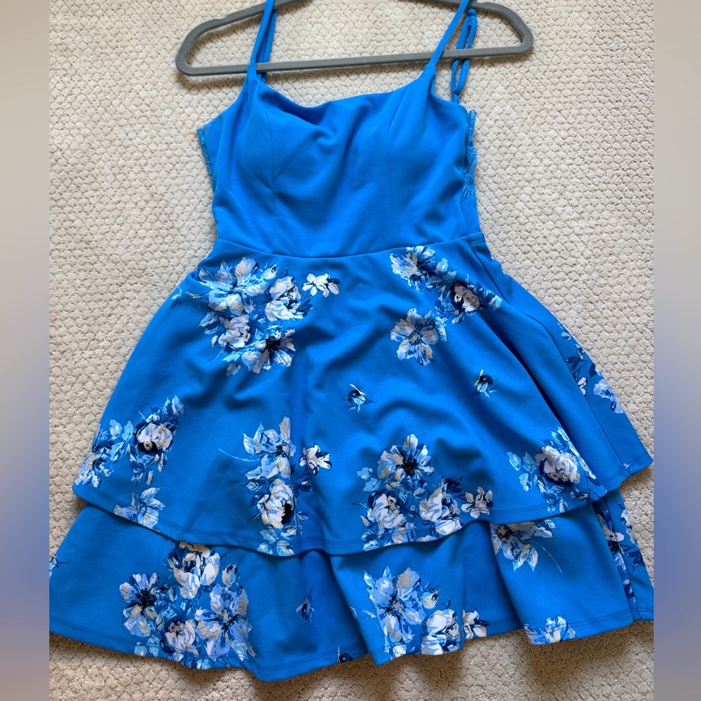 Blue Floral Lace Back Fit and Flare dress